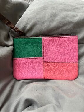 Colorblock Pink & Green Leather Zipper Pouch